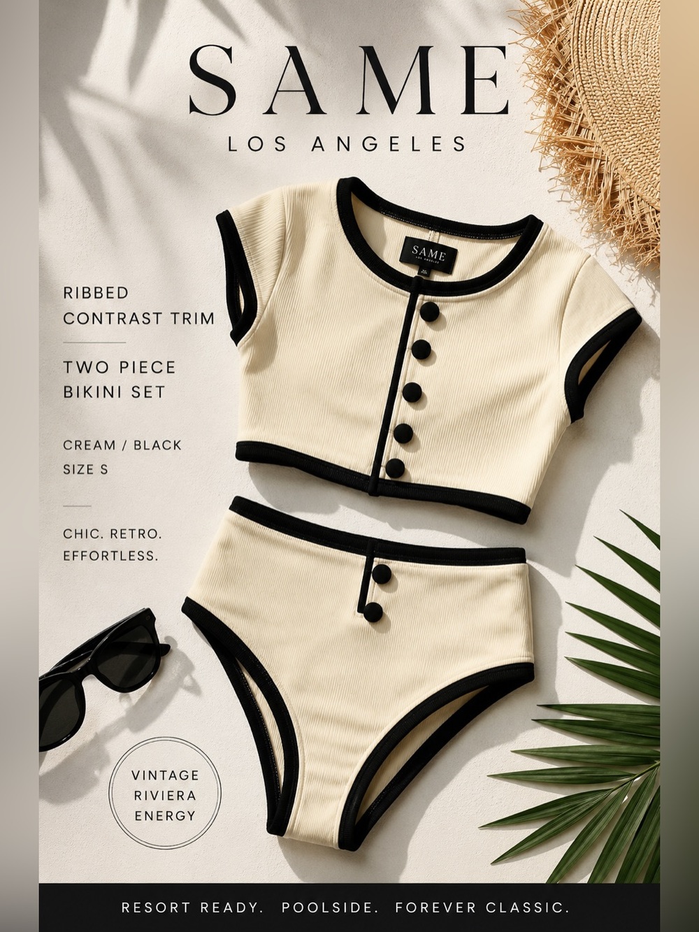 SAME Los Angeles Ribbed Contrast Trim Two Piece Bikini Set Cream Black Size S